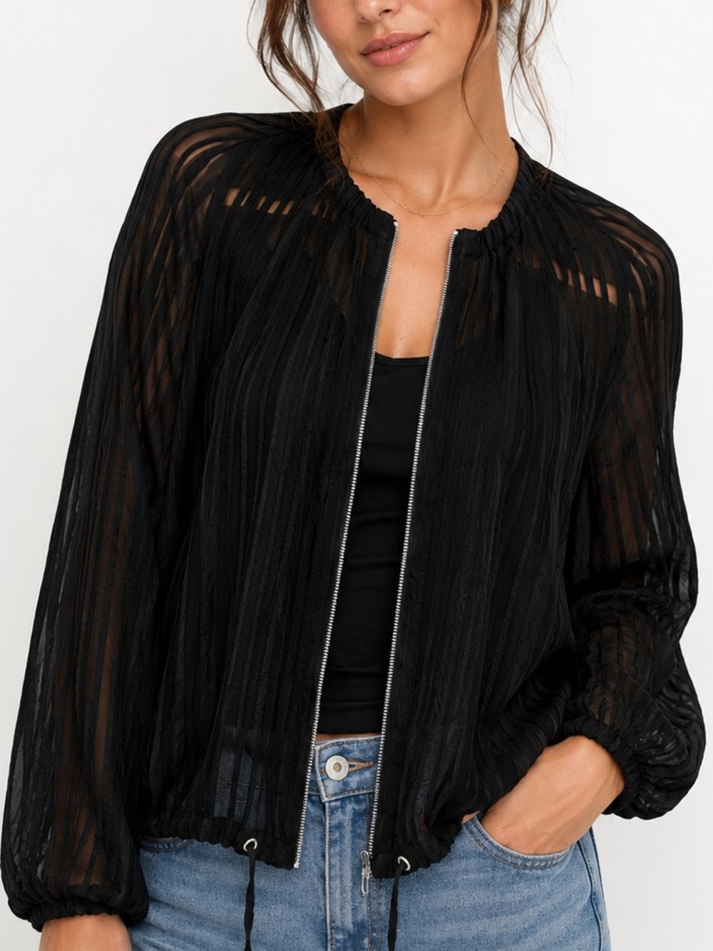 Zara Black Sheer Pleated Zip Jacket